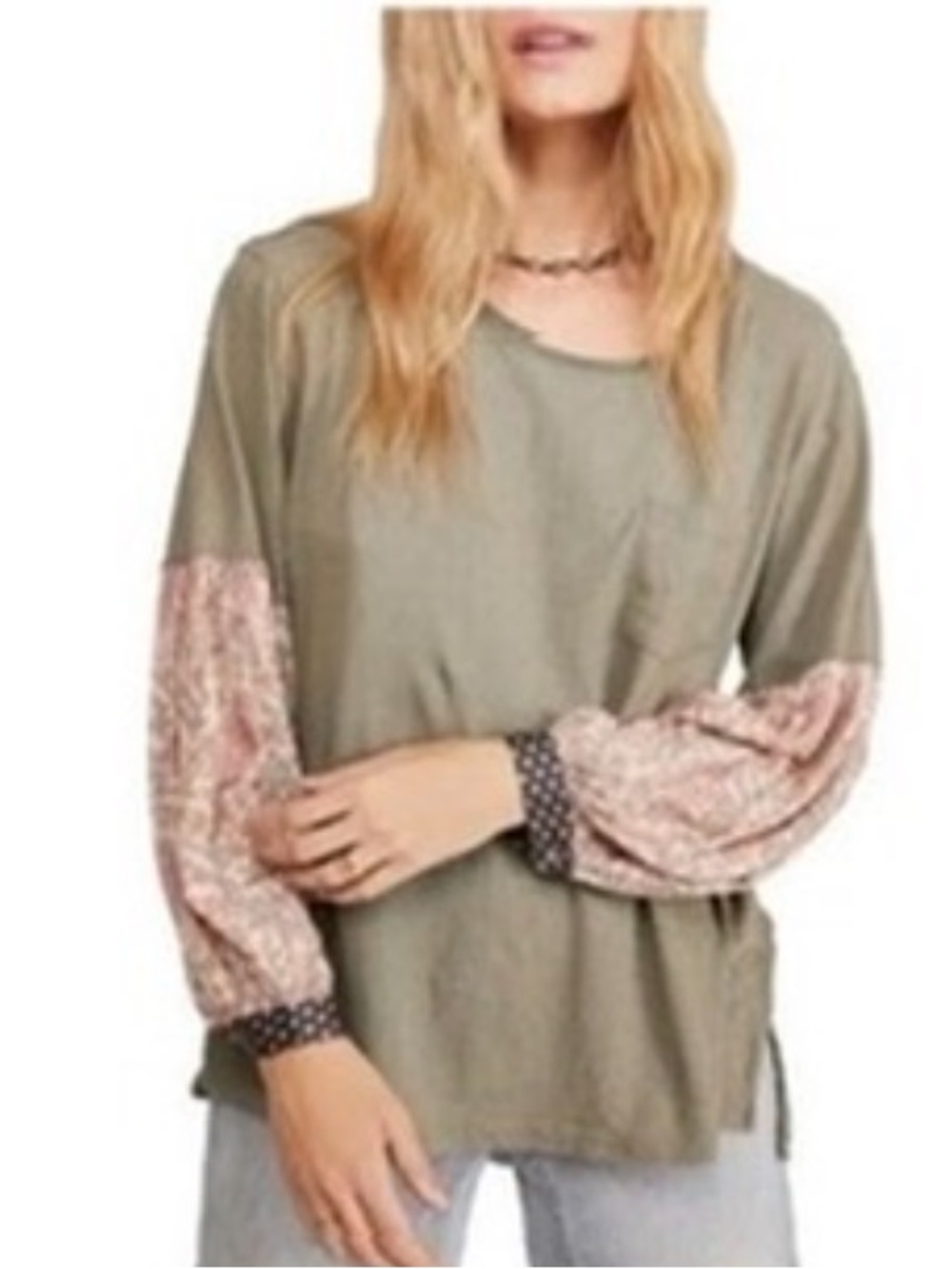 We The Free Olive Green Long-Sleeve Top with Printed Puff Sleeves